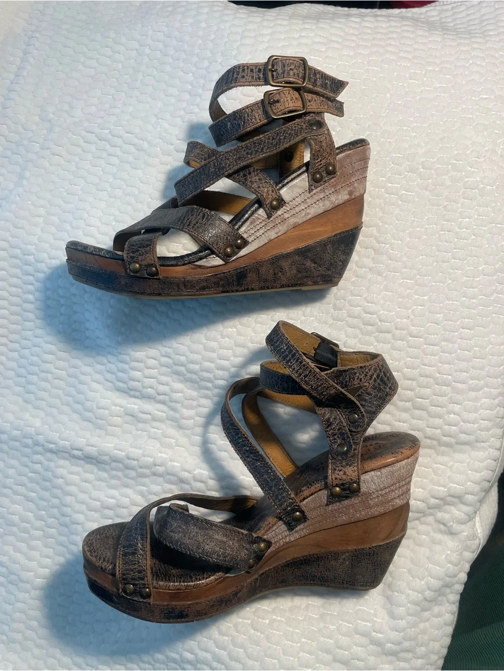BED|STU Distressed Brown Multi-Strap Wedge Sandals